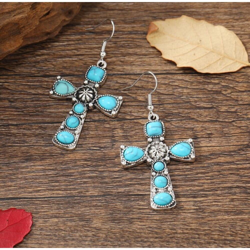 Western pierced 2 1/4" silver and turquoise stone dangle cross earrings